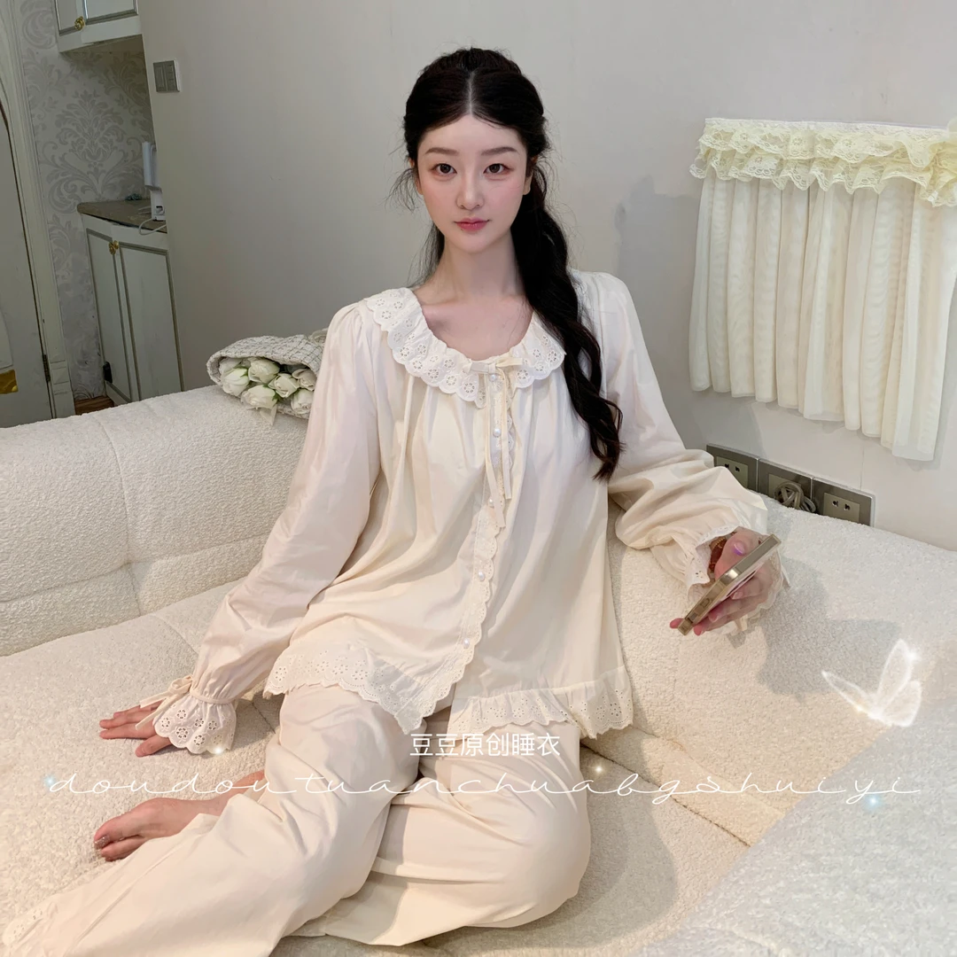 菠萝【芭蕾序曲】长袖长裤纯欲显瘦秋冬季女套装法式睡衣