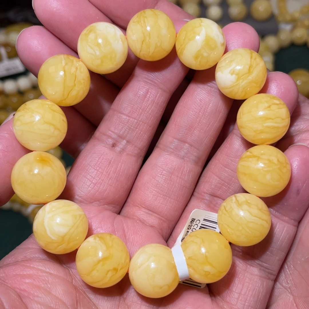 蜜蜡未镶嵌珠宝奇石16mm焦皮同料花蜡老型手串33.47