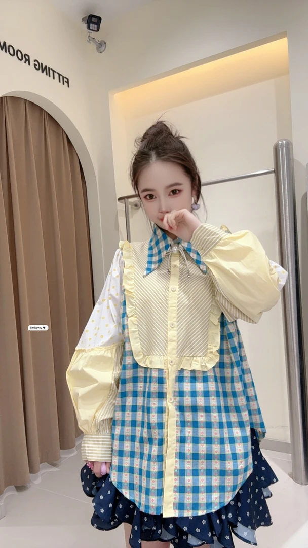 印象派大师 】大观欧货设计感拼色减龄韩版娃娃领设计衬衫小香风范