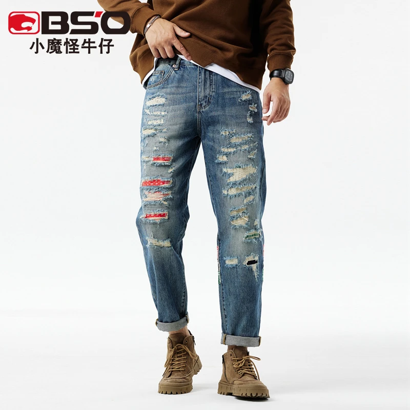小魔怪2025春季新款潮牌美式重工牛仔裤男款破洞补丁做旧嘻哈宽松
