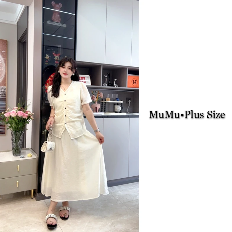 法式V领褶皱衬衫半身裙套装女夏季大码胖mm度假风时尚显瘦两件套
