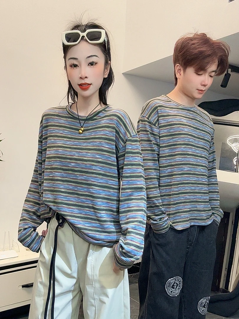 韩系慵懒设计感条纹复古长袖卫衣女秋季小众休闲圆领宽松套头上衣