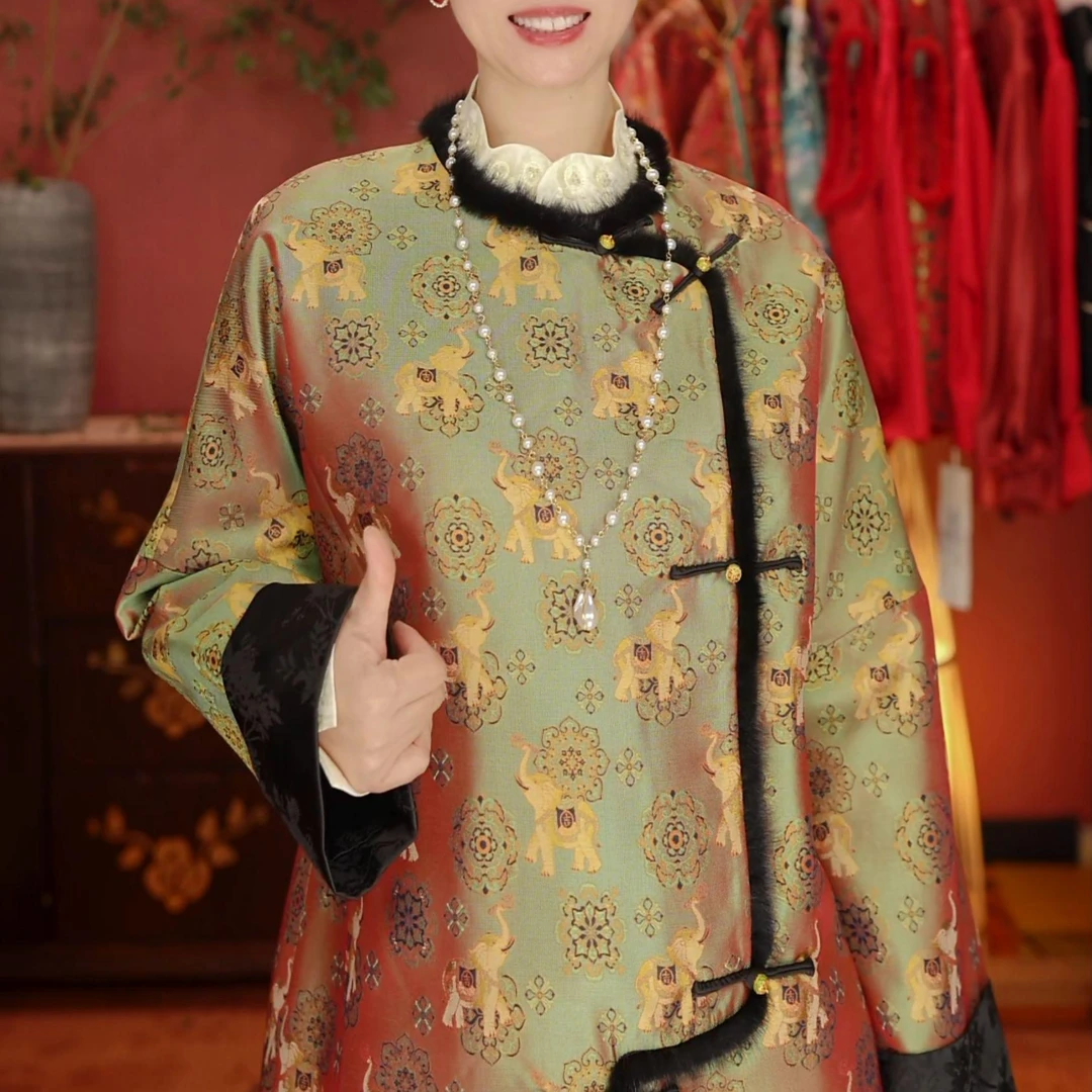 梧桐宝贝《宝象贺春》原创非遗100桑蚕丝宋锦水貂毛新中式国风外套