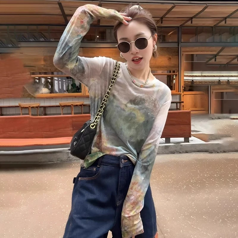 芯娇晴复古撞色扎染薄款网纱长袖t恤女2025新款夏季宽松防晒上衣
