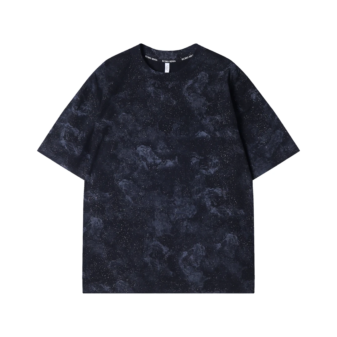 早春新款时尚个性韩版扎染满天星圆领短袖T恤简约情侣百搭上衣