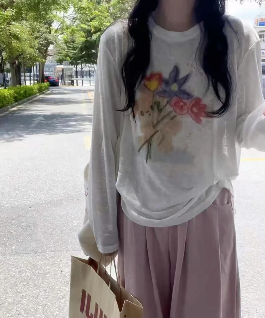 字母高腰白色防晒长袖印花薄款T恤时尚卡通动漫套装252608