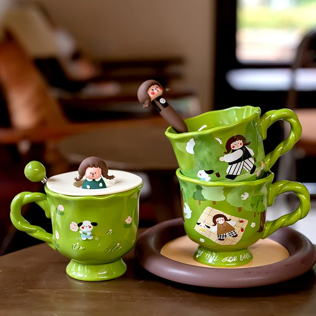 可爱绿色马克杯女夏季水杯家用带盖勺陶瓷杯子办公室早餐杯咖啡杯