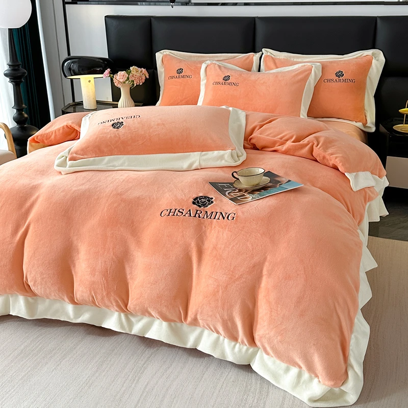 新款牛奶绒四件套加绒双面绒牛奶绒刺绣四件套纯色牛奶绒四件套