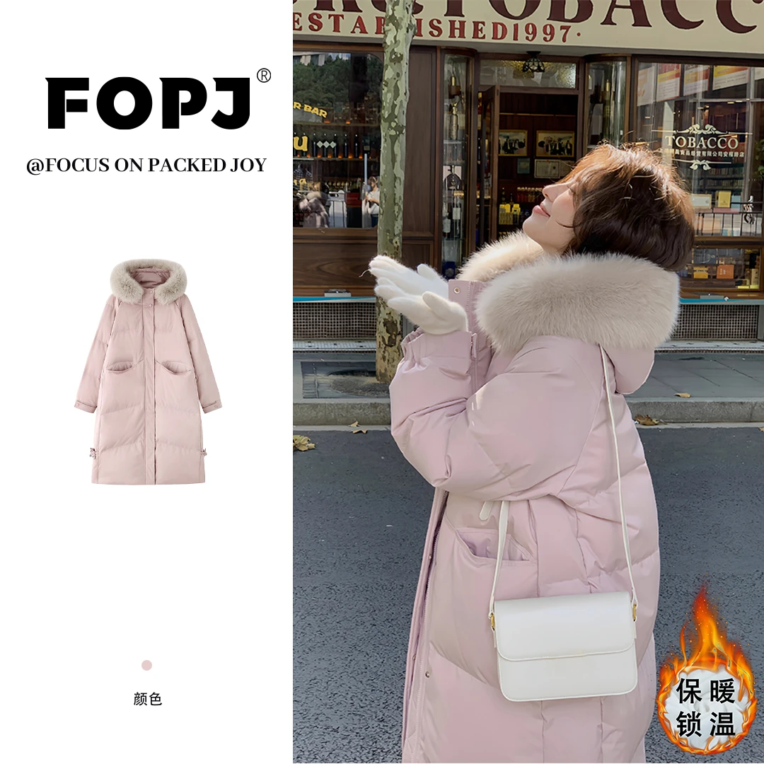 FOPJ韩版2025新款时尚甜美毛领加厚保暖过膝棉服女网红款冬天外套