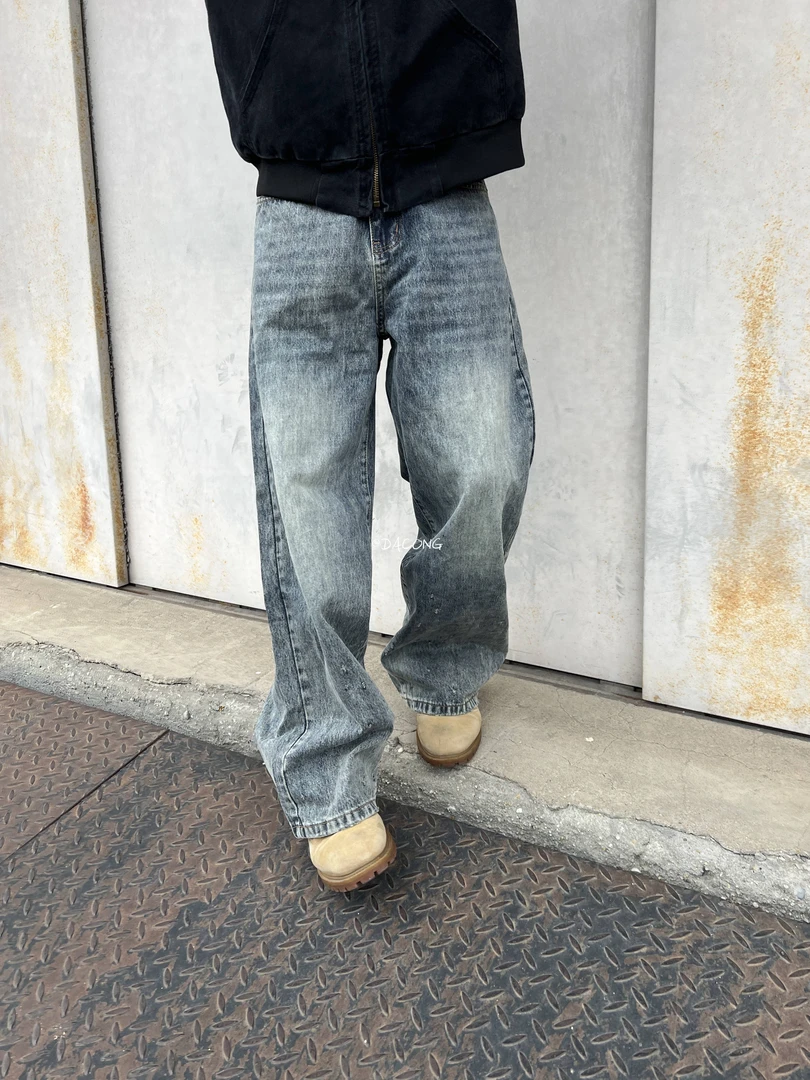 大葱美式复古褪色直筒牛仔裤男Cleantfit破坏刮烂宽松阔腿长裤子