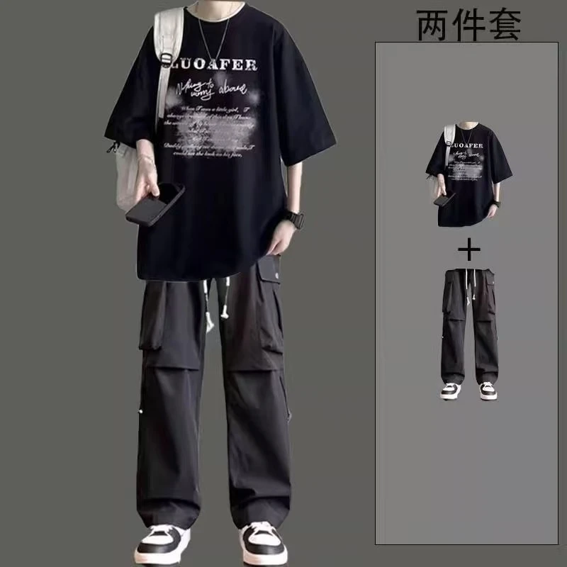 休闲套装男夏季新款美式学生潮牌穿搭短袖t恤搭配个性痞帅工装裤
