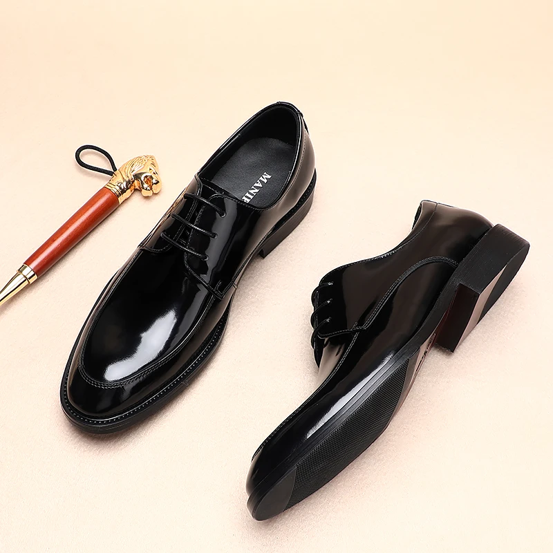 手工真皮英伦商务正装系带小圆头婚鞋黑色舒适时尚百搭休闲男皮鞋