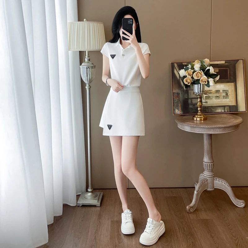 小香风白色休闲运动套装女夏季polo领休闲短袖上衣半身短裙两件套