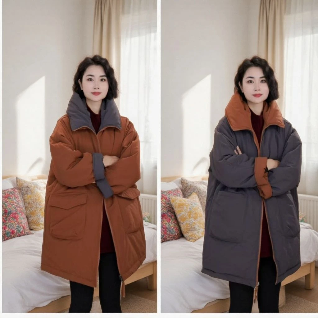韩版女士冬款翻领棉衣正反两穿宽松百搭中长款女款厚外套大码