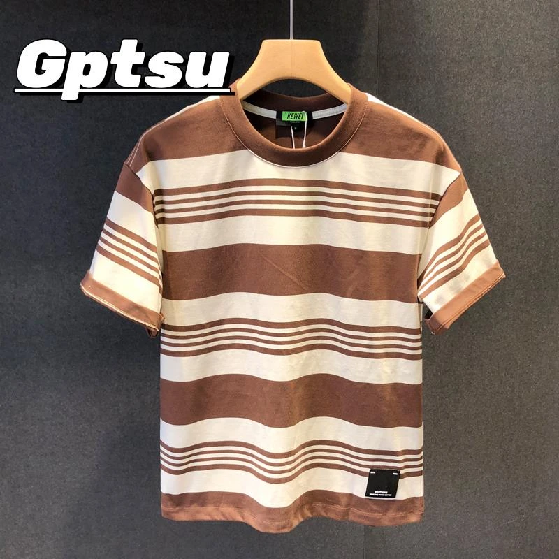 GPTSu条纹夏季短袖t恤男士宽松半袖潮流圆领百搭休闲时尚复古体恤