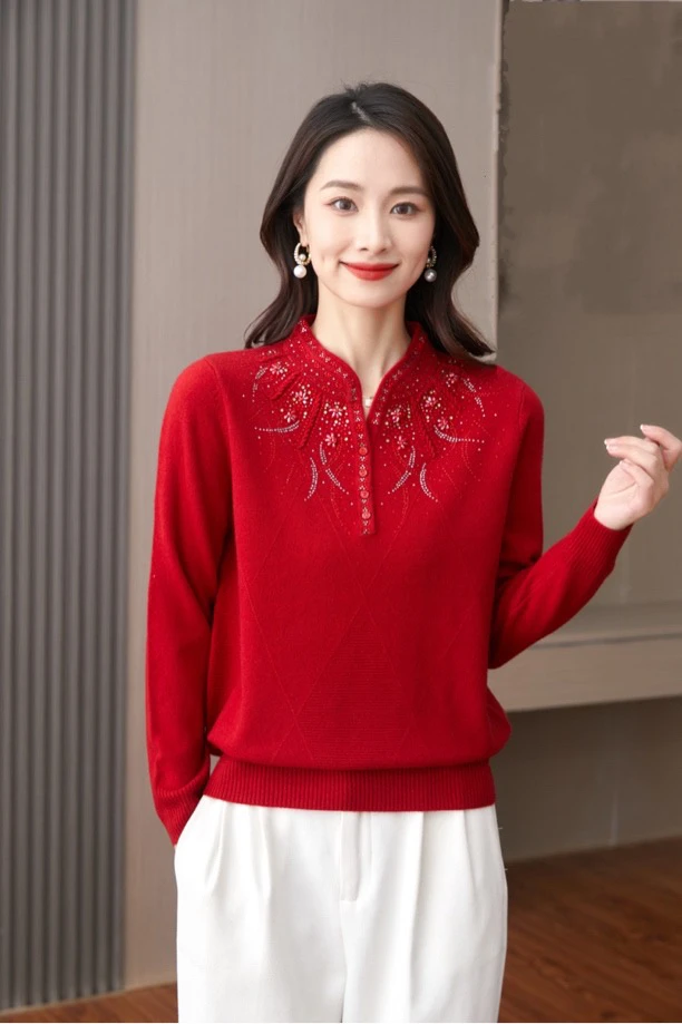 【100%羊毛】秋冬新款旗袍领烫钻长袖气质显瘦保暖羊毛针织衫