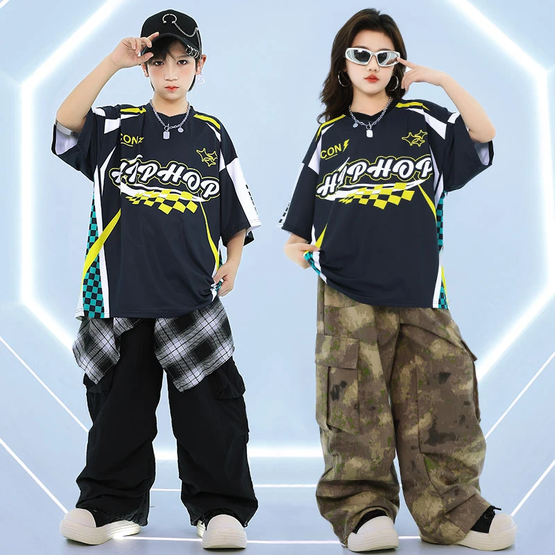 儿童街舞套装男童女童爵士舞表演服夏季透气宽松学生速干中大童