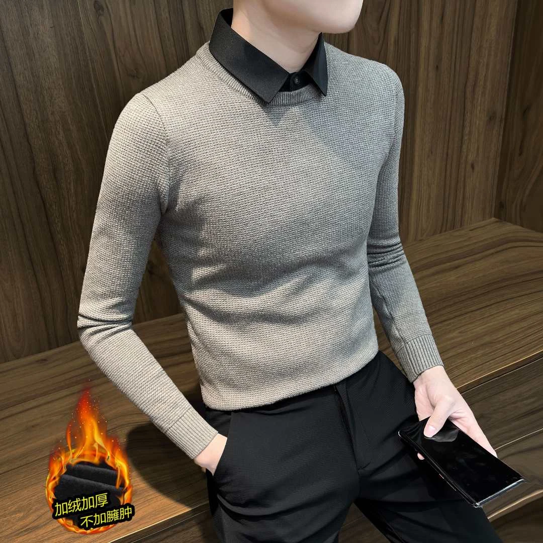 假两件毛衣男款冬季新款成熟痞帅男装针织衫衬衫领加绒男士打底衫