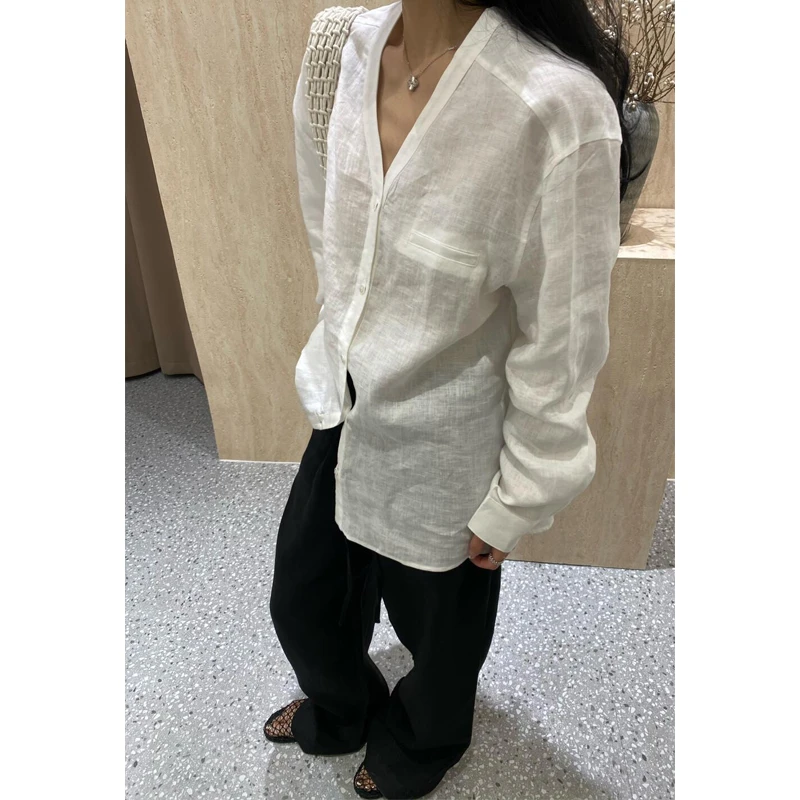 洋气高级感气质棉麻衬衫女老钱风慵懒松弛感今年流行V领高端衬衣