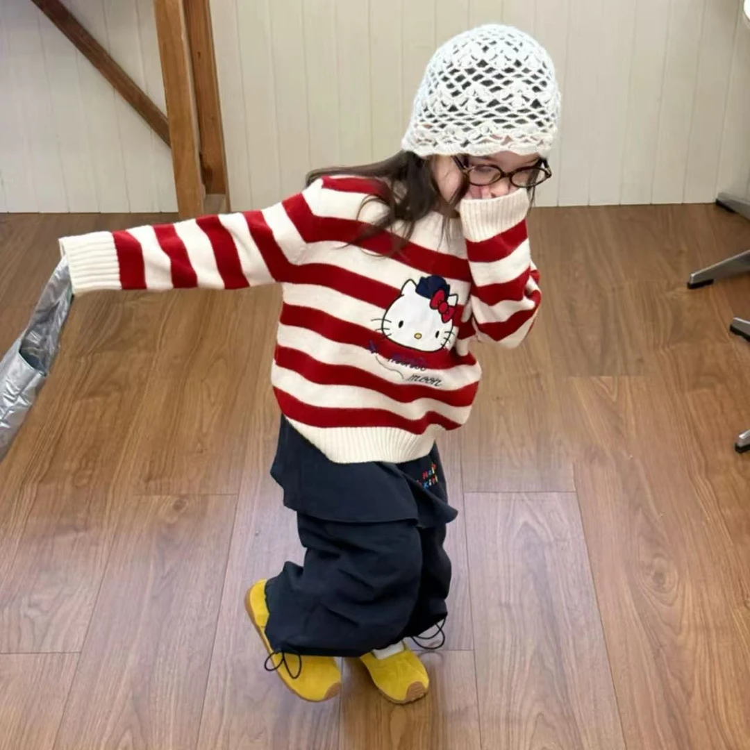 女童秋季卡通甜美套头圆领Kitty针织条纹夹色毛衣