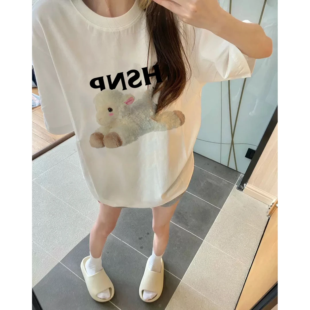 HSNP纯棉小羊印花短袖t恤女夏季宽松小众设计感少女学院风半袖ins