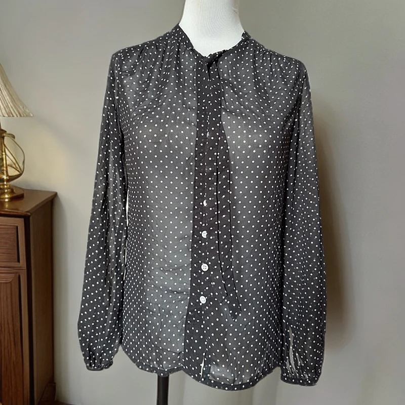 日制古着法式波点圆领长袖衬衫女气质微透轻熟上衣