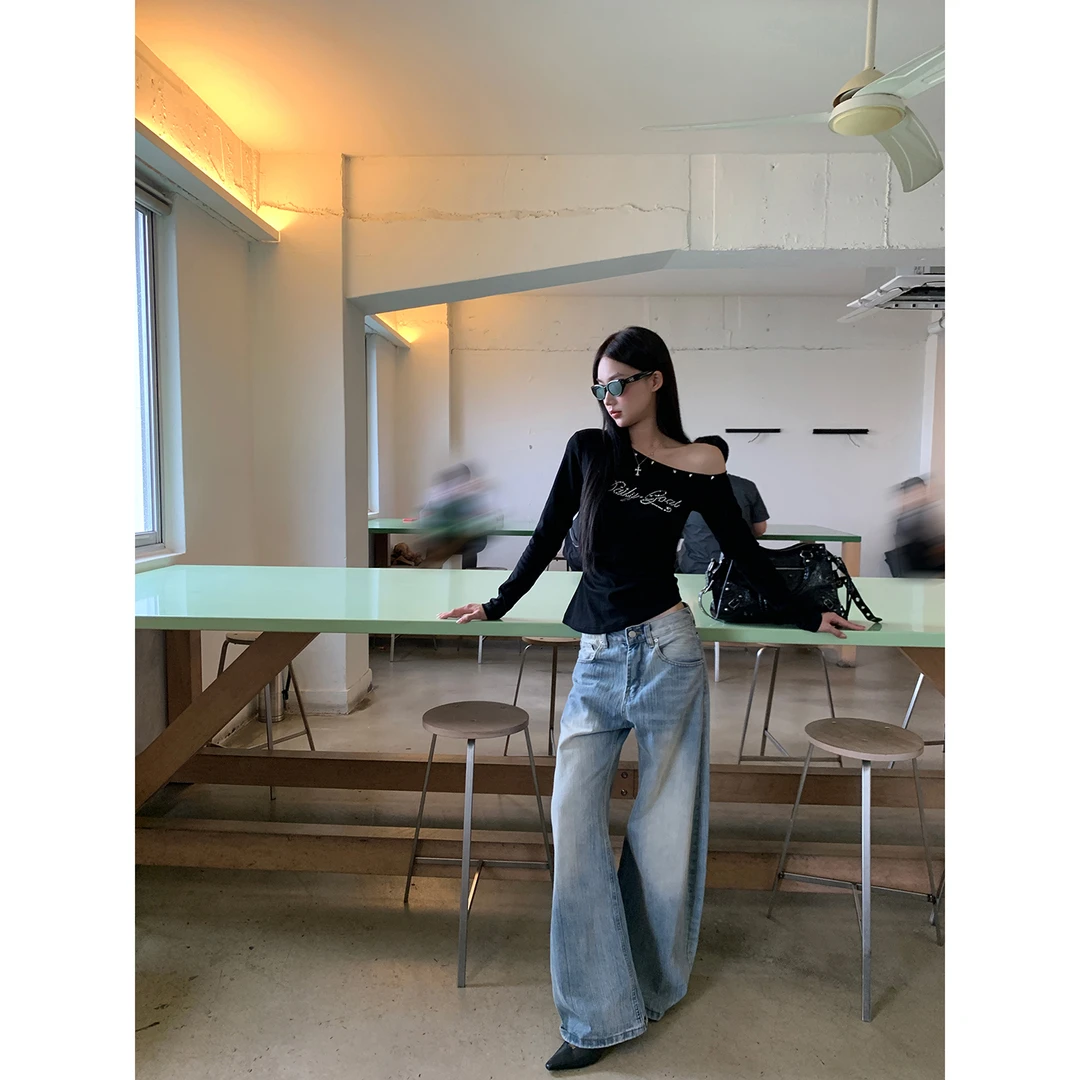 【摩卡牛仔裤】秋季小众美式复古宽松百搭简约弯刀牛仔裤0627
