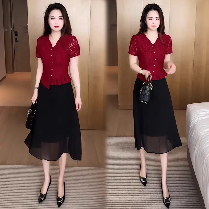 连衣裙女2025夏季新款时髦洋气短袖蕾丝拼接网纱裙假两件气质裙子