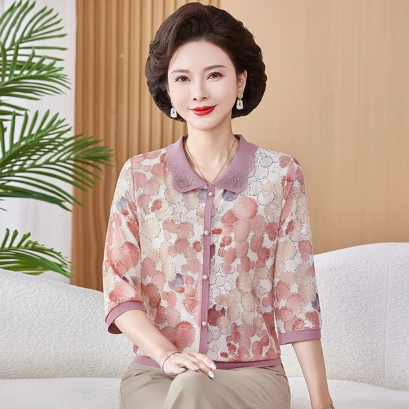 气质妈妈装春夏新款七分袖T恤中老年女装夏季中袖小衫老年人套装