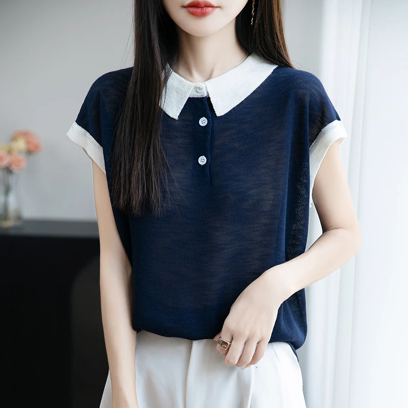 品牌2025夏季新款女装POLO领针织短袖T恤竹节麻撞色休闲显瘦上衣