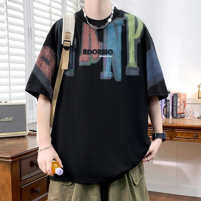 2025夏季新款港式烧花立体字母印花圆领短袖T恤男士潮流t恤短袖上