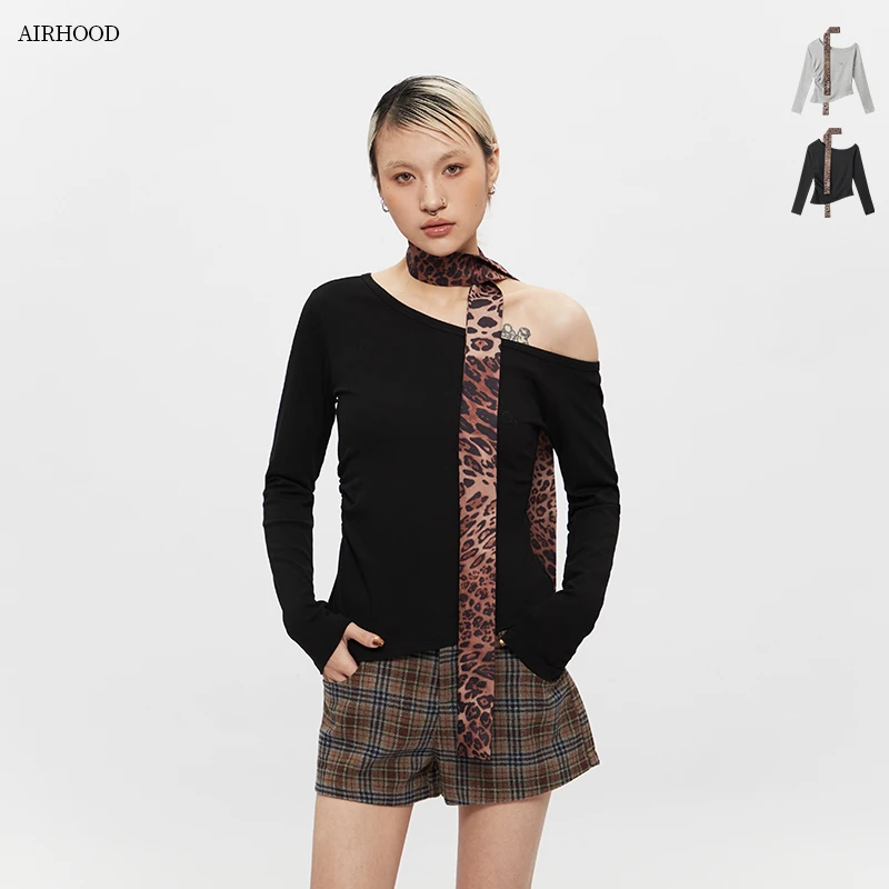 AIRHOOD 辣妹斜领褶皱长袖T恤女围巾搭配修身显瘦短款上衣C5045