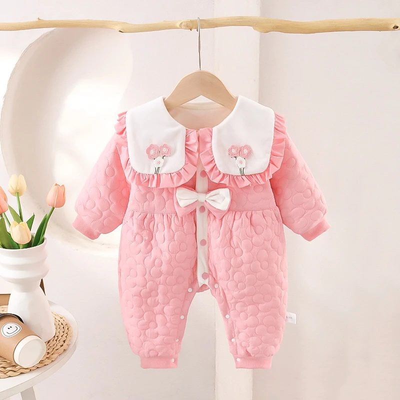 婴儿儿童保暖薄棉哈衣女新生儿满月百天甜美加厚风加棉洋气连体衣