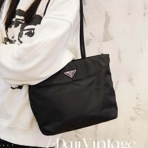 95新 Prada/普拉达 大吉中古/Prada黑银26双肩带tote