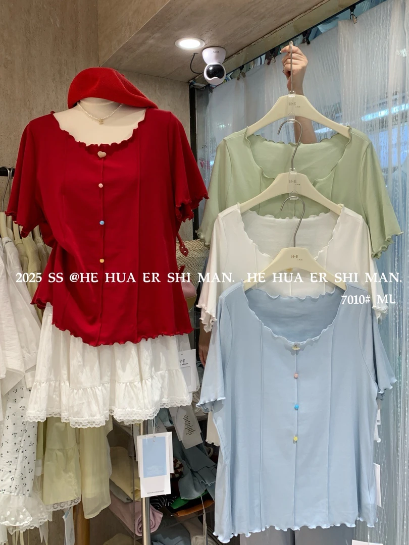 (晓晓家)夏季多色彩扣圆领显瘦上衣T恤