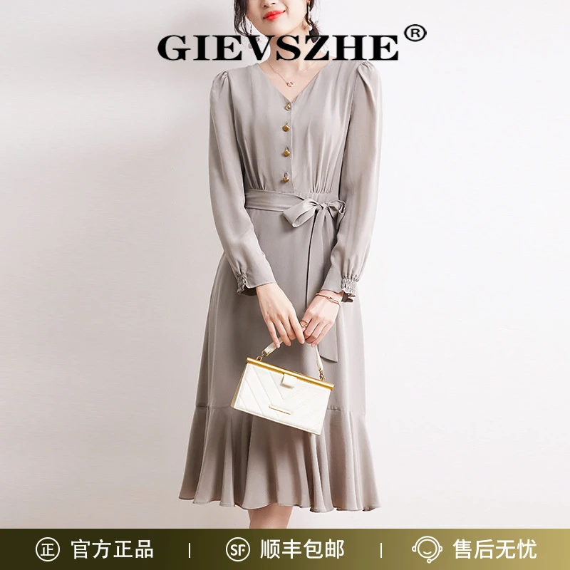 纪诗哲长袖连衣裙真丝100%桑蚕丝女装小个子气质v字领收腰荷叶裙