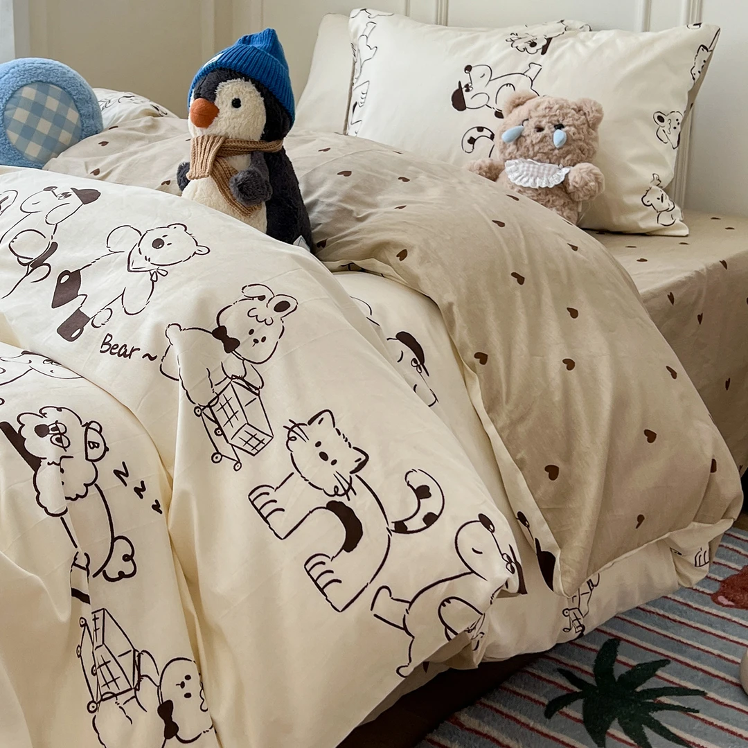 全棉床上四件套时尚萌宠儿童卡通纯棉被套床单学生宿舍三件套床品