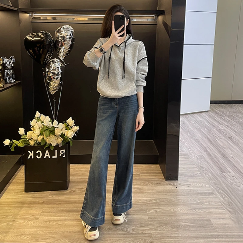 洋气时尚简约休闲套装春款女连帽卫衣阔腿牛仔裤设计感显高两件套