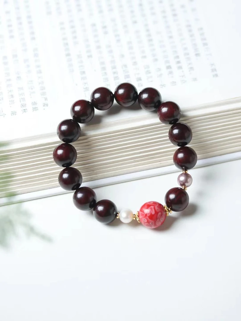 小叶紫檀木带宝单圈手串10mm原创diy手链男女士珠串饰品