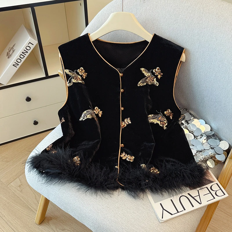 新中式国风丝绒重工刺绣亮片马甲女2025秋冬新款高级感坎肩背心