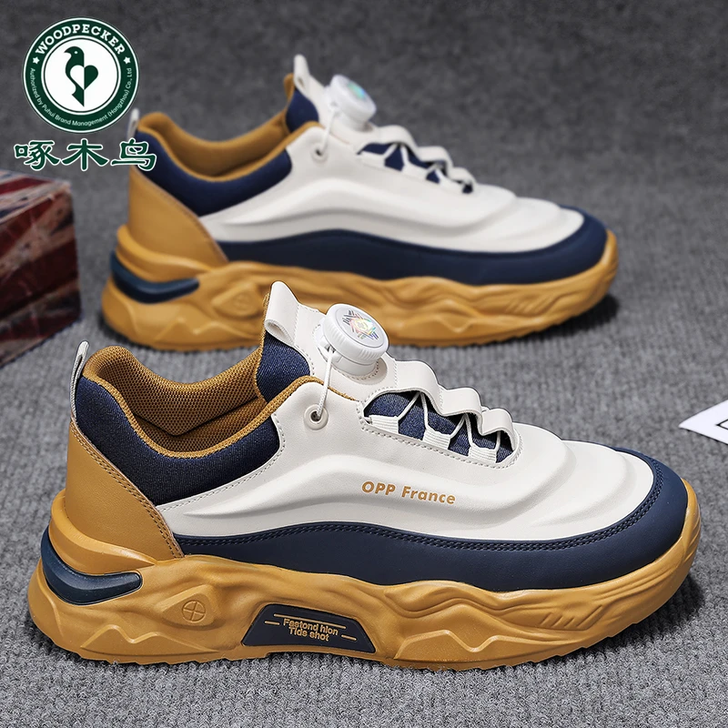 啄木鸟男鞋2025夏季新款旋转纽扣运动跑步鞋厚底增高旅游老爹鞋