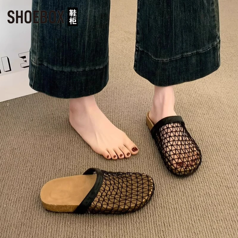 达芙妮集团旗下厚底渔网包头半拖鞋女夏外穿2025新款编织镂空凉拖