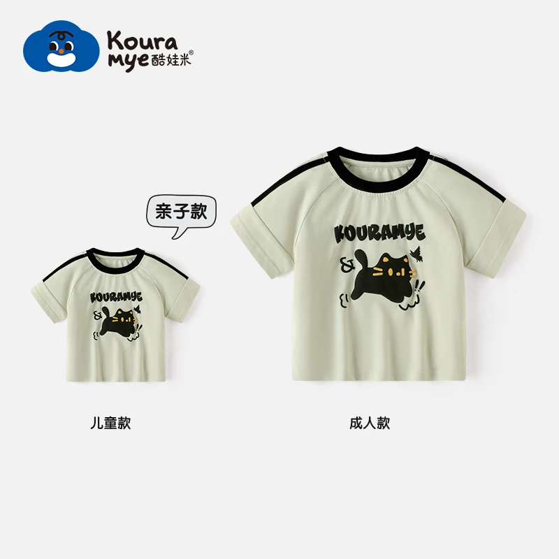 酷娃米夏款中小儿童短袖卡通猫咪印花上衣亲子装20526