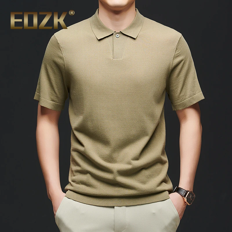 Eozk薄款针织衫短袖T恤男夏季翻领polo衫内搭半袖体恤透气V领上衣