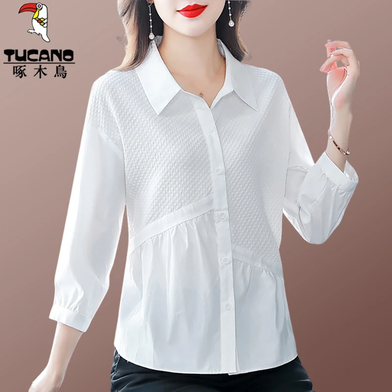 啄木鸟白色七分袖衬衫女春夏新款宽松气质上衣小个子洋气时尚衬衣