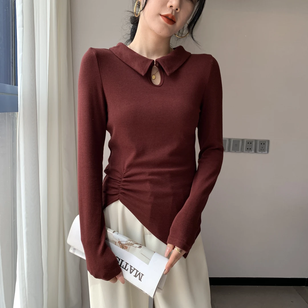 翻领小镂空国风设计下摆抽褶不规则显瘦长袖T恤