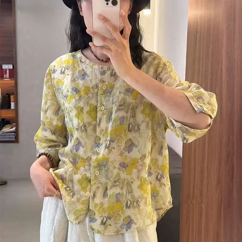 文艺胖mm碎花圆领中袖印花衬衫女2025夏宽松显瘦百搭休闲小衫上衣