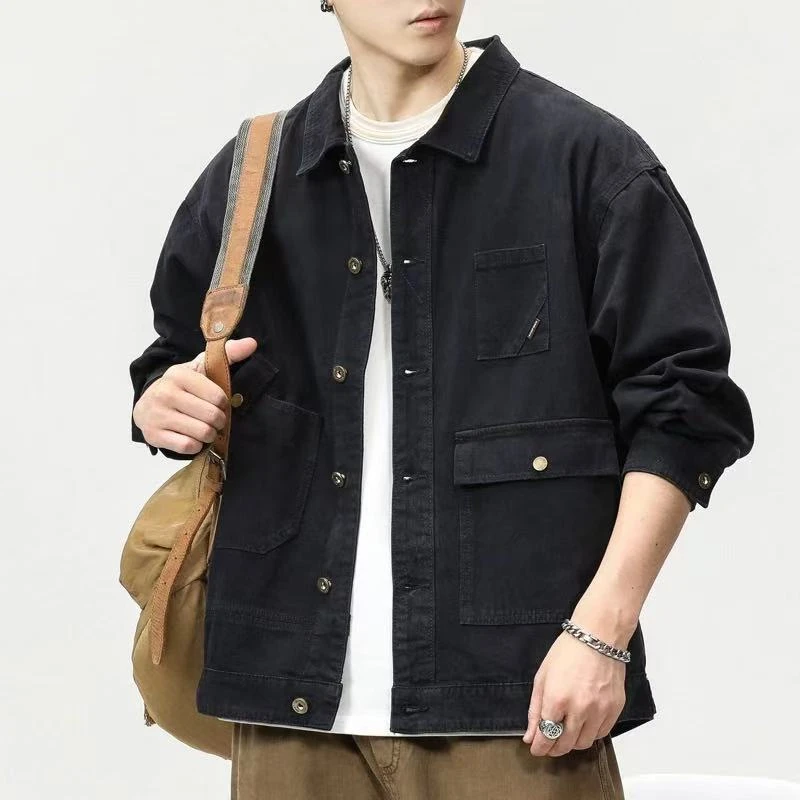 情侣黑色大口袋加绒翻领牛仔夹克复古宽松潮流休闲上衣外套 058