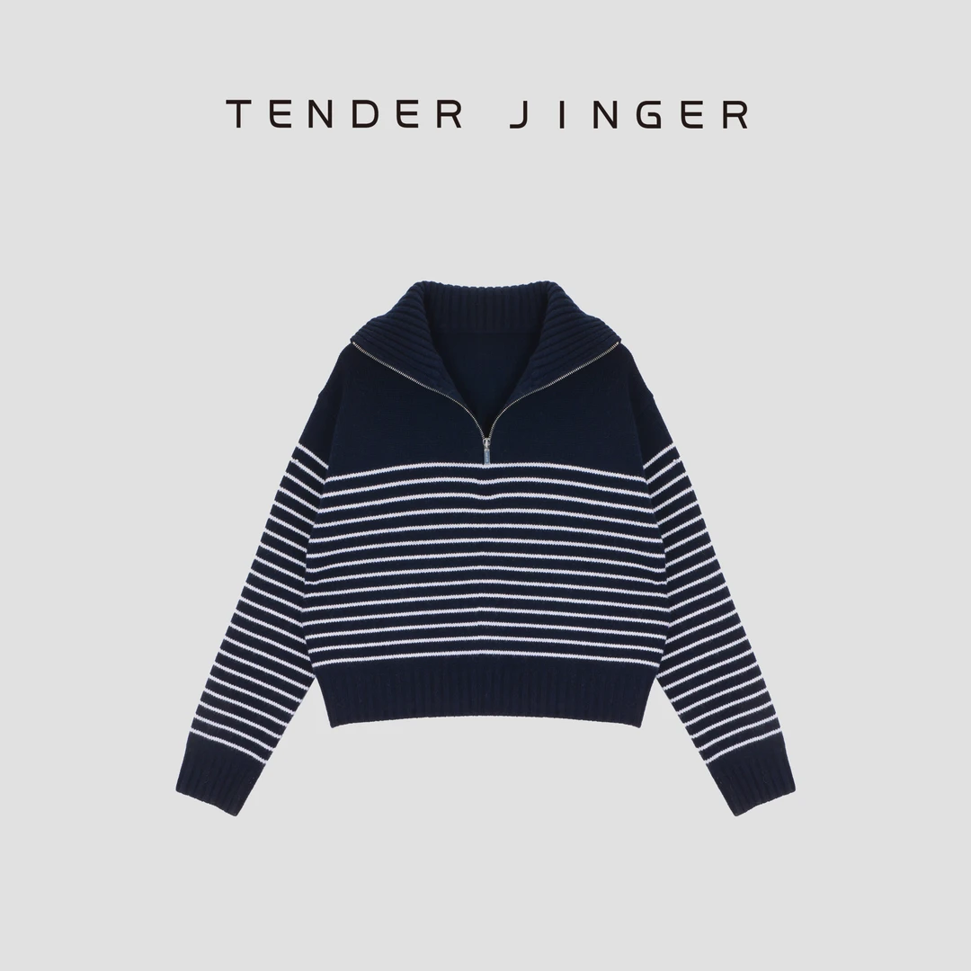 Tender Jinger【黑标】条纹半拉链羊绒羊毛混纺针织毛衣T54BBS41382