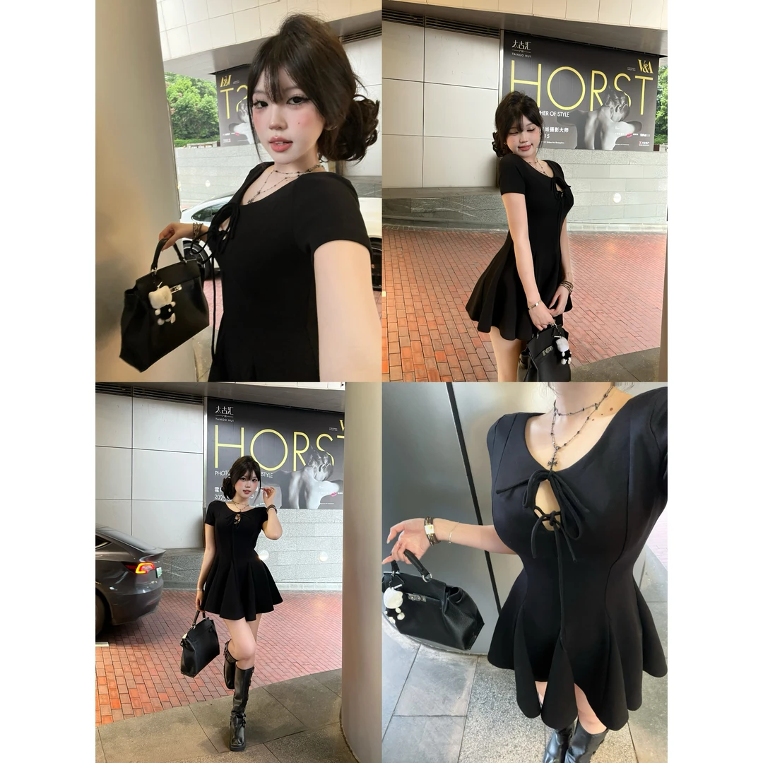 清清萌面侠辣姣【冷艳大小姐】纯欲辣妹蝴蝶绑带连衣裙女微胖6066M